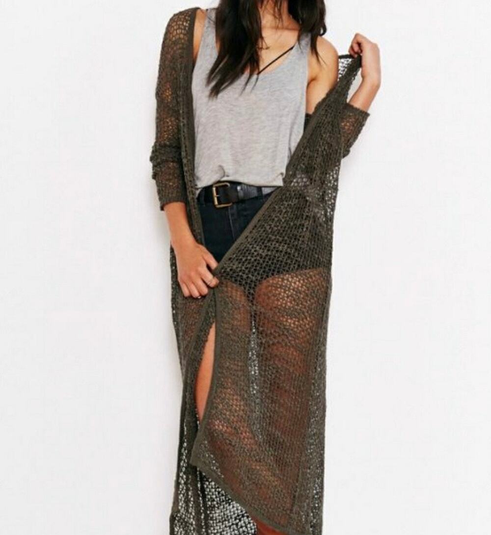 UO Staring at Stars Open-Front Mesh‎ Knit Maxi Duster Cardigan Green Size M